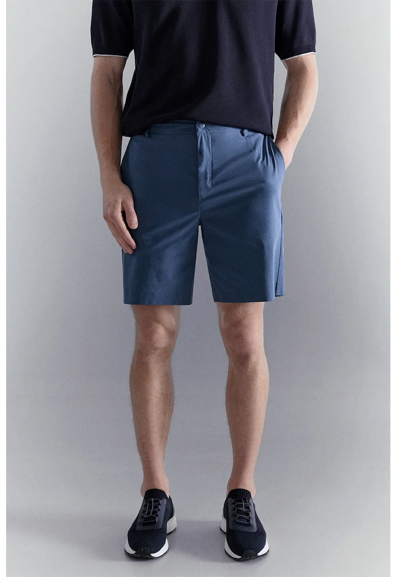 Pantaloni scurti cu talie elastica si model uni, Albastru inchis