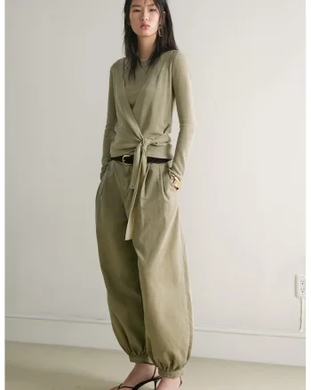 Cardigan petrecut cu decolteu in V, Verde sparanghel