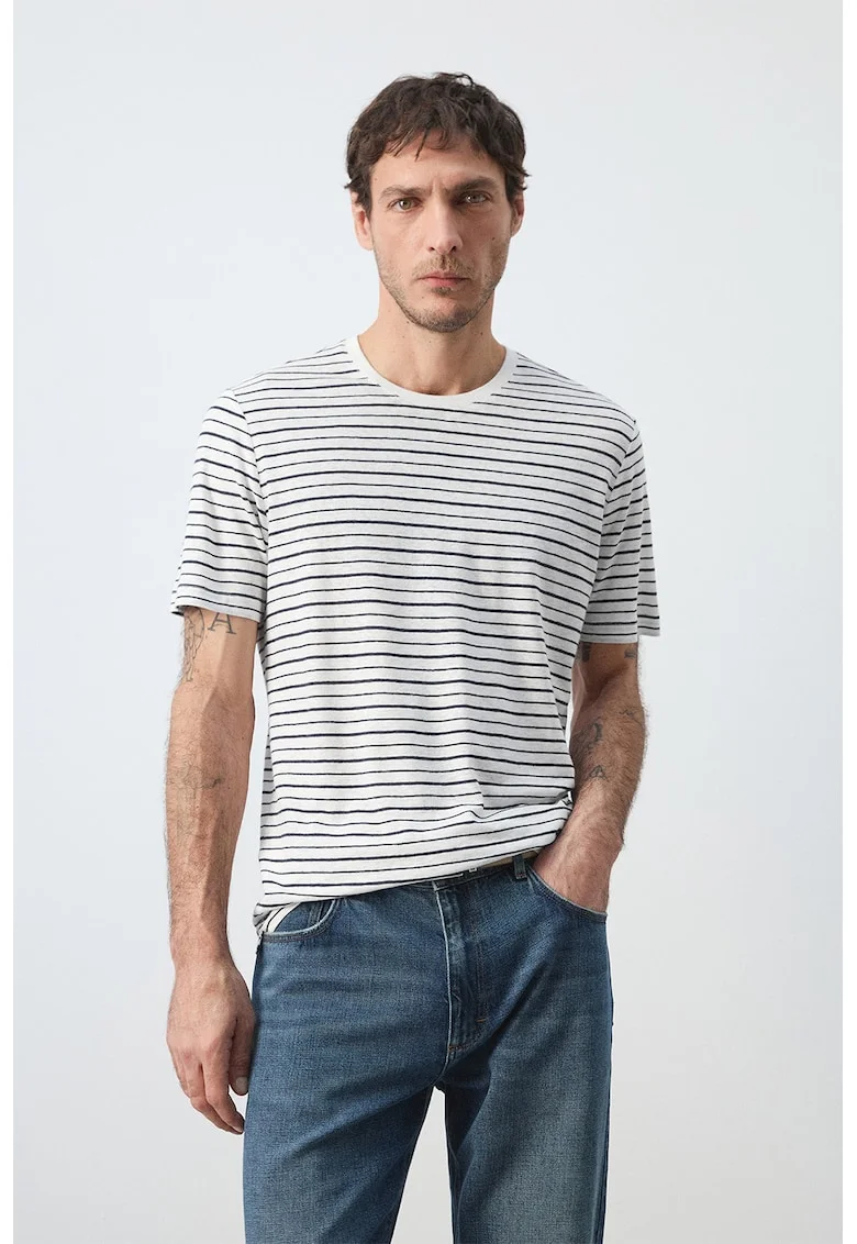 Tricou slim-fit din amestec de in, Alb/Bleumarin
