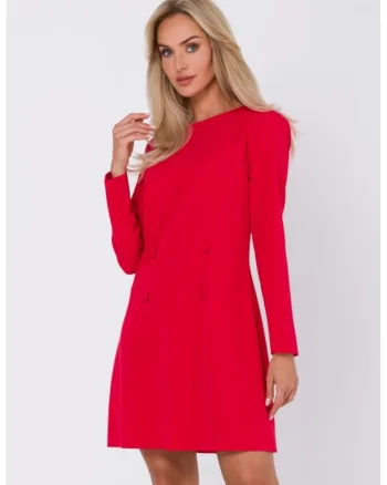 Rochie evazata cu maneca lunga si nasturi decorativi,, Rosu