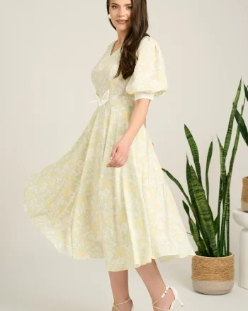 Rochie DY Fashion midi verde din voal in clos cu print bej si funda in talie