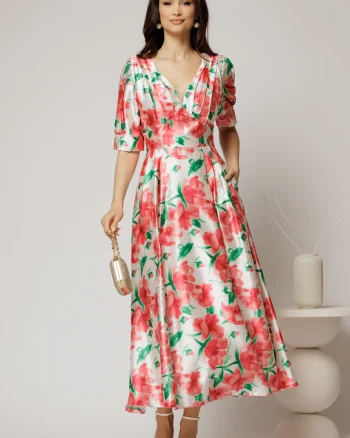 Rochie de ocazie cu imprimeu rosu si verde lunga de ocazie