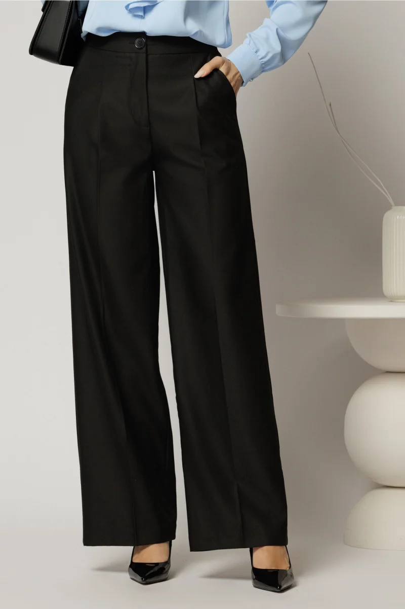 Pantaloni dama negri casual office cu croi larg si pliuri din talie