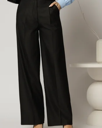 Pantaloni dama negri casual office cu croi larg si pliuri din talie