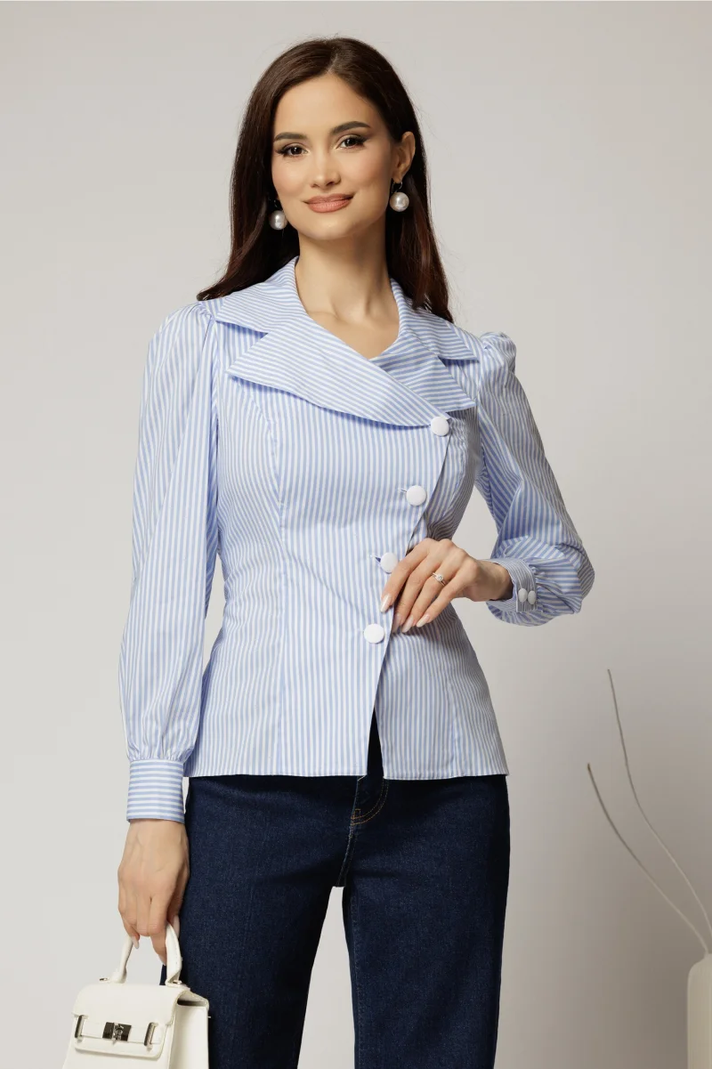Camasa din poplin cu dungi bleu si nasturi asimetrici
