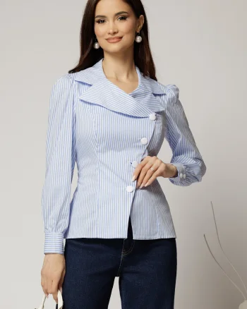 Camasa din poplin cu dungi bleu si nasturi asimetrici