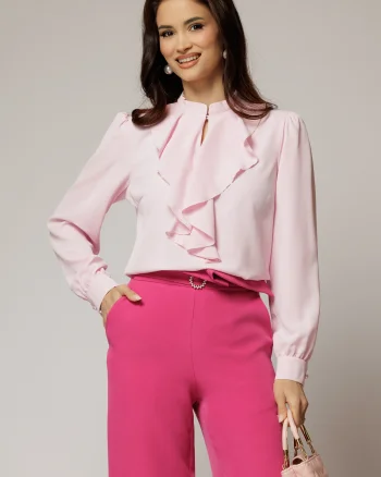 Bluza DY Fashion roz cu volanas maxi la decolteu din voal plin