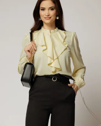 Bluza DY Fashion galbena cu volanas maxi la decolteu din voal plin