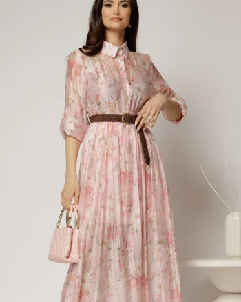 Rochie midi roz cu imprimeuri din tencel