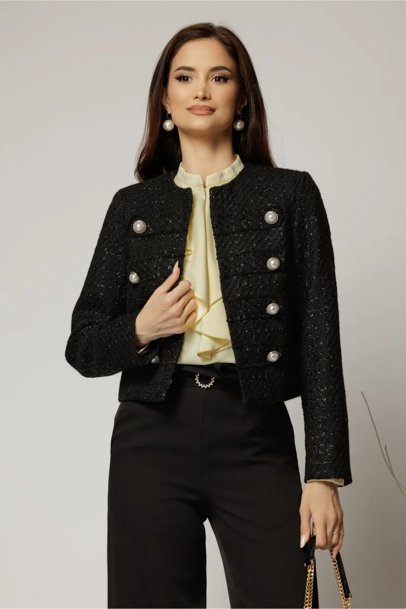 Sacou DY Fashion negru din tweed si nasturi decorativi