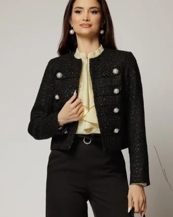 Sacou DY Fashion negru din tweed si nasturi decorativi