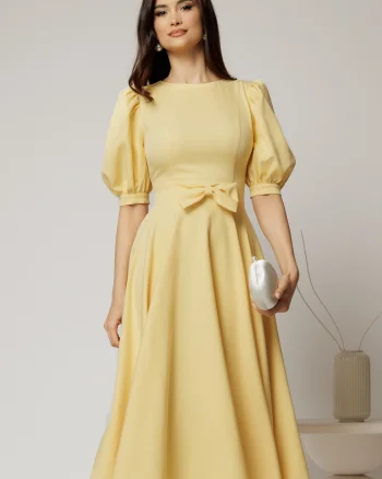 Rochie DY Fashion galbena din stofa in clos cu funda in talie