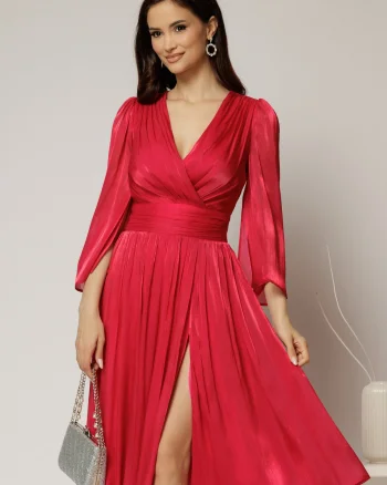 Rochie DY Fashion fucsia de ocazie din voal peliculizat cu maneci crapate