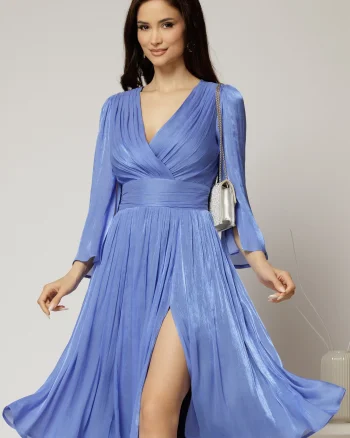 Rochie DY Fashion albastra de ocazie din voal peliculizat cu maneci crapate