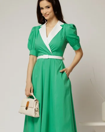 Rochie DY Fashion din poplin verde cu guler in contrast si curea in talie
