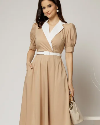 Rochie DY Fashion din poplin bej cu guler in contrast si curea in talie