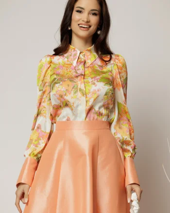 Camasa DY Fashion din voal cu imprimeuri oranj si mansete in contrast