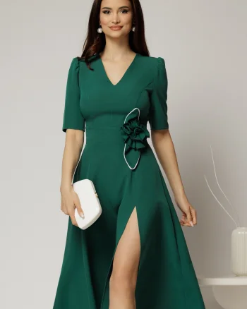Rochie DY Fashion verde midi cu detaliu floral pe talie si decolteu in V