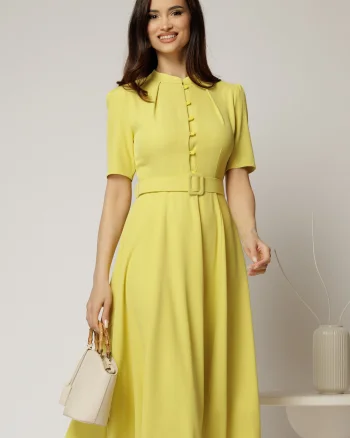 Rochie DY Fashion midi galben lime in clos din triplu voal cu nasturi la bust si curea in talie