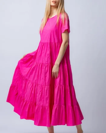 Rochie lunga fucsia cu patru volane