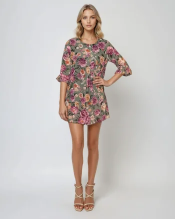 Rochie mini vaporoasă din voal cu print floral kaki - Unica S-L