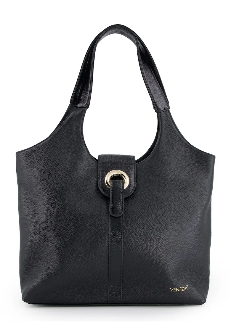 Geanta dama  shopper, piele naturala, neagra, 32x35x9cm, 2 buzunare interioare, 1 buzunar exterior