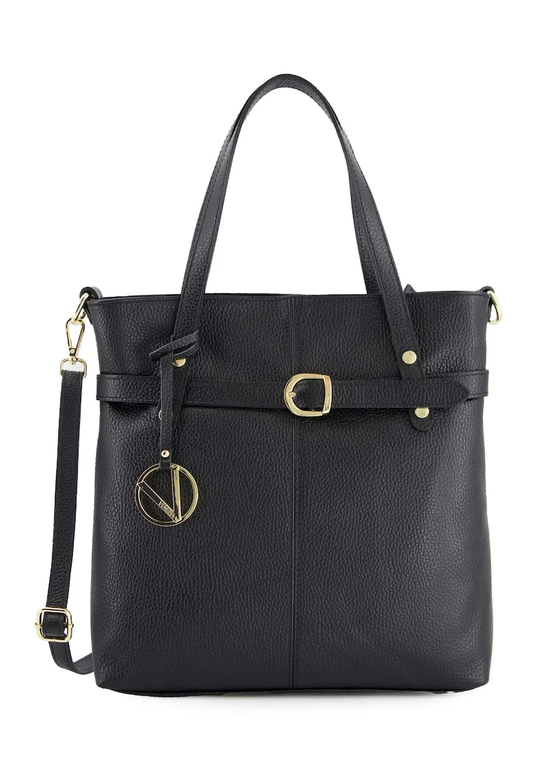 Geanta dama  shopper din piele naturala, neagra, 32x30x10cm, cu manere de 51cm, curea detasabila max 114cm, 2 buzunare interioare