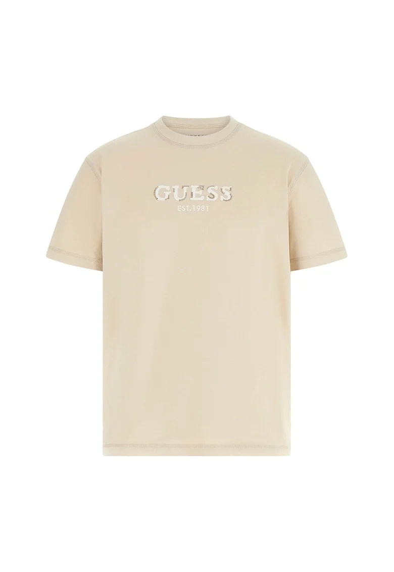 Tricou cu logo brodat si decolteu la baza gatului, Bej deschis