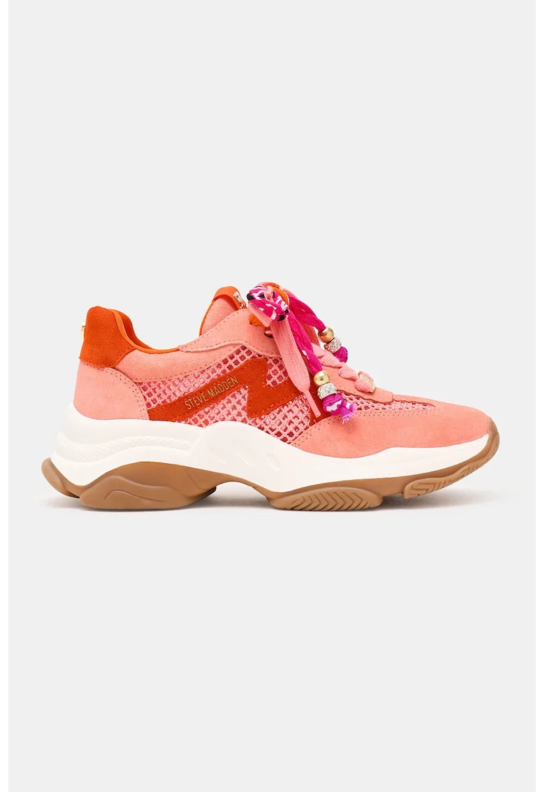 Pantofi sport din piele intoarsa cu garnituri din material textil, Roz somon/Portocaliu mandarina