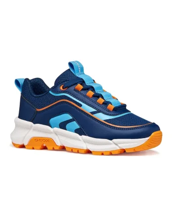 Pantofi sport din piele ecologica cu garnituri din plasa, Portocaliu/Albastru deschis/Bleumarin