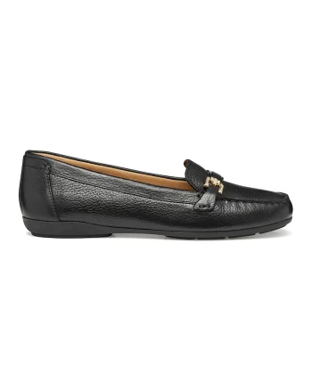 Pantofi loafer din piele cu accesoriu metalic, Negru