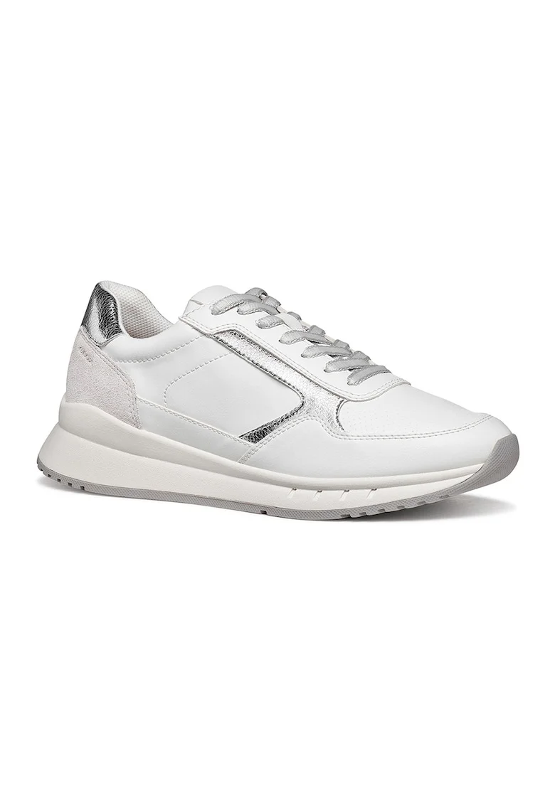 Pantofi sport cu insertii din piele intoarsa, Alb/Argintiu
