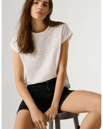 Tricou din bumbac cu flori brodate, Alb