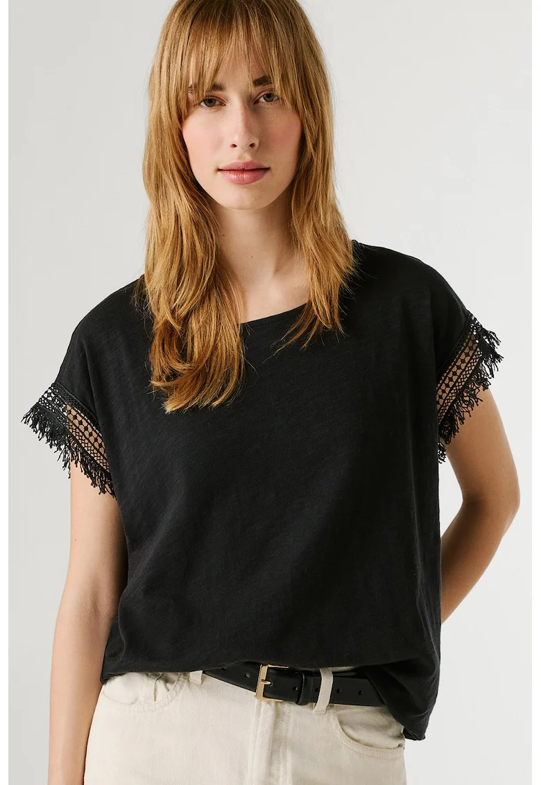 Tricou din bumbac cu detalii franjurate, Negru
