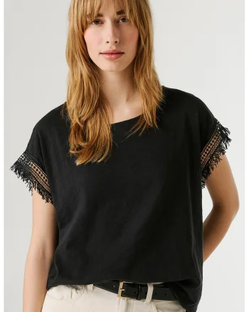 Tricou din bumbac cu detalii franjurate, Negru