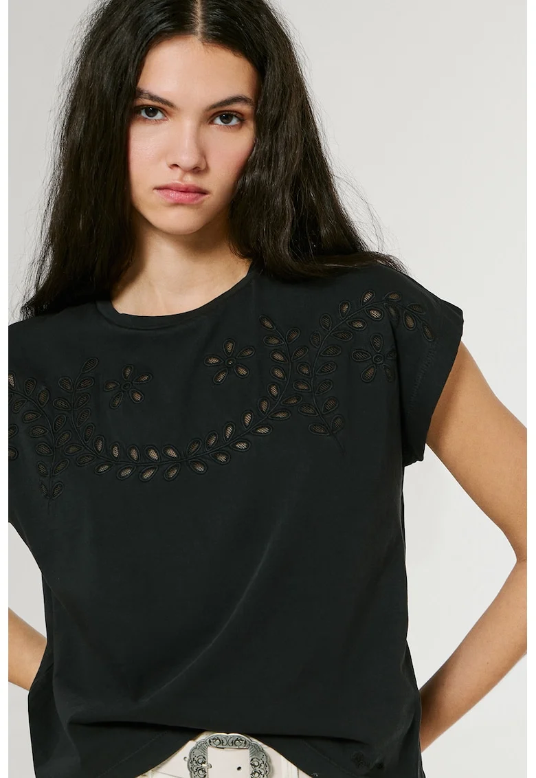 Tricou din bumbac cu flori brodate, Negru