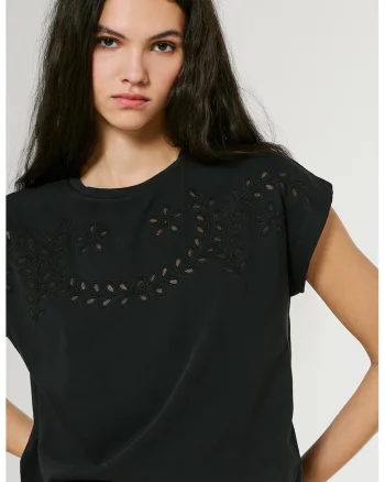 Tricou din bumbac cu flori brodate, Negru
