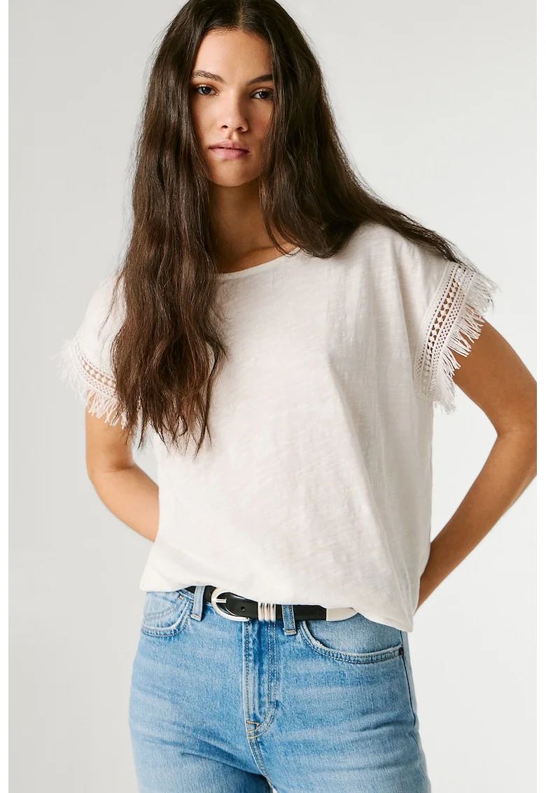 Tricou din bumbac cu detalii franjurate, Alb
