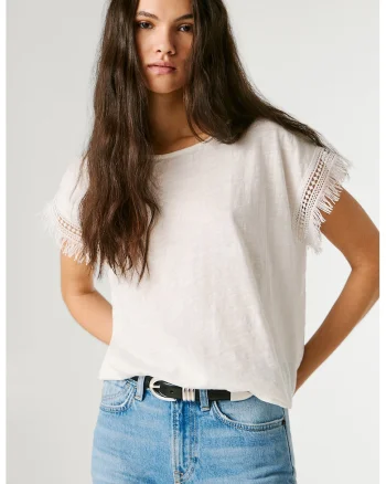 Tricou din bumbac cu detalii franjurate, Alb