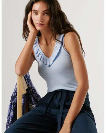 Top slim fit cu volane, Albastru azur