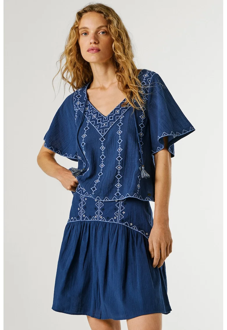 Fusta scurta din denim cu broderie Denver, Alb/Bleumarin