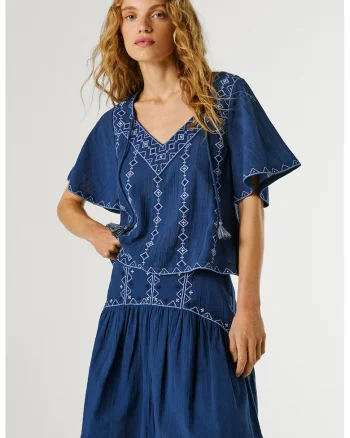 Fusta scurta din denim cu broderie Denver, Alb/Bleumarin