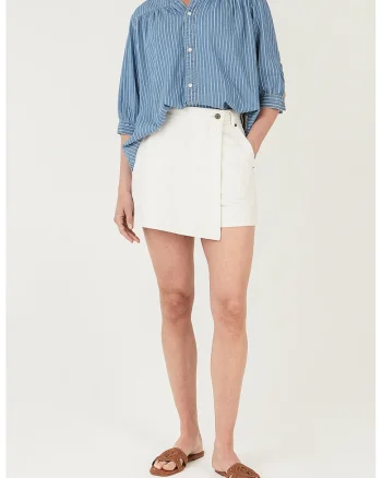 Fusta-pantalon scurta din denim cu talie medie, Alb murdar