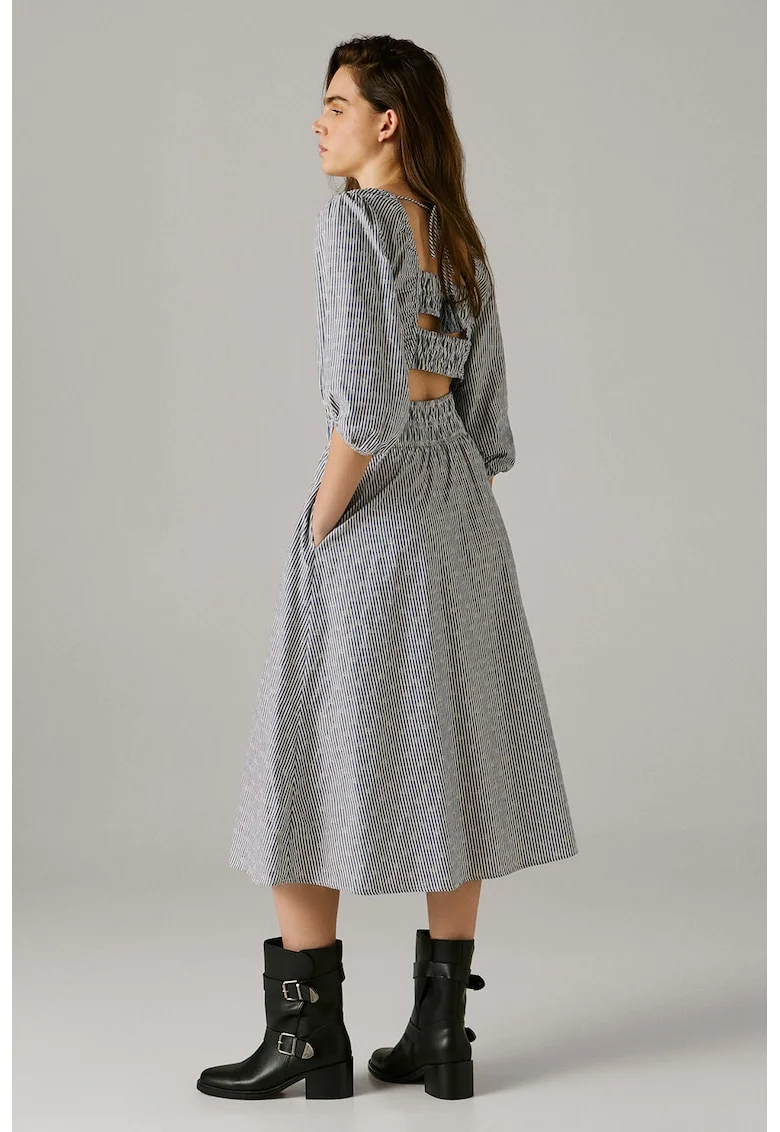 Rochie midi cu maneci 3/4 si dungi, Alb/Bleumarin