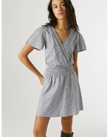 Rochie mini cu decolteu cache-coeur si dungi, Alb/Albastru inchis