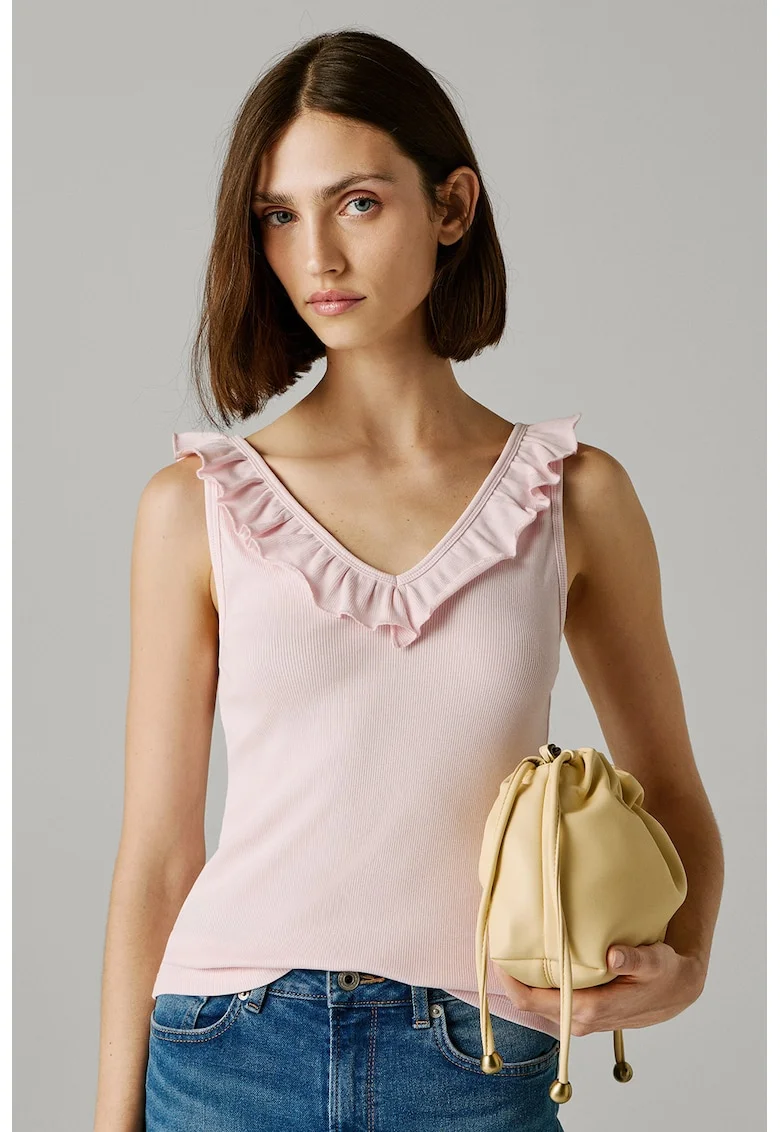 Top slim fit cu volane, Roz pal