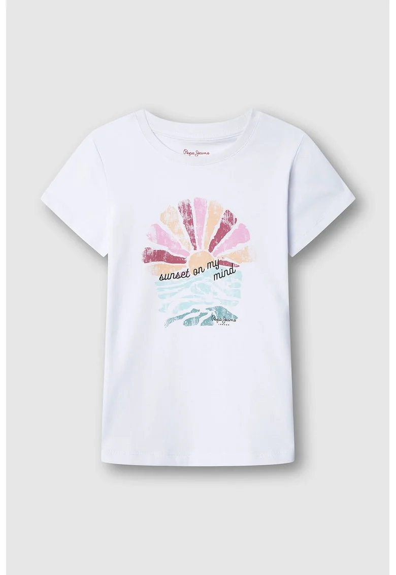Tricou cu decolteu la baza gatului si imprimeu, Roz deschis/Portocaliu pal/Rosu stins/Alb optic