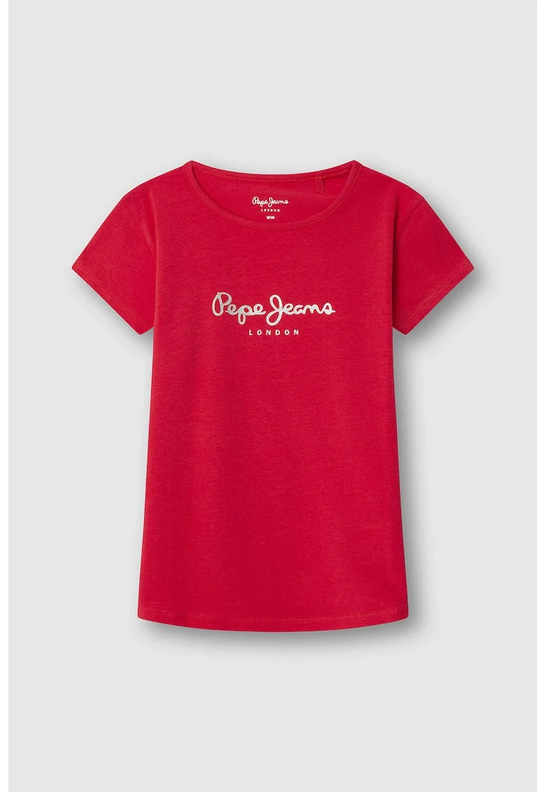 Tricou cu decolteu la baza gatului si logo stralucitor, Gri deschis/Rosu vermillion