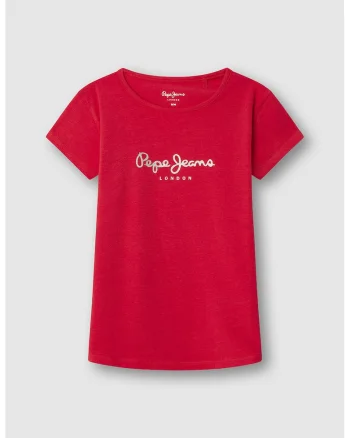 Tricou cu decolteu la baza gatului si logo stralucitor, Gri deschis/Rosu vermillion