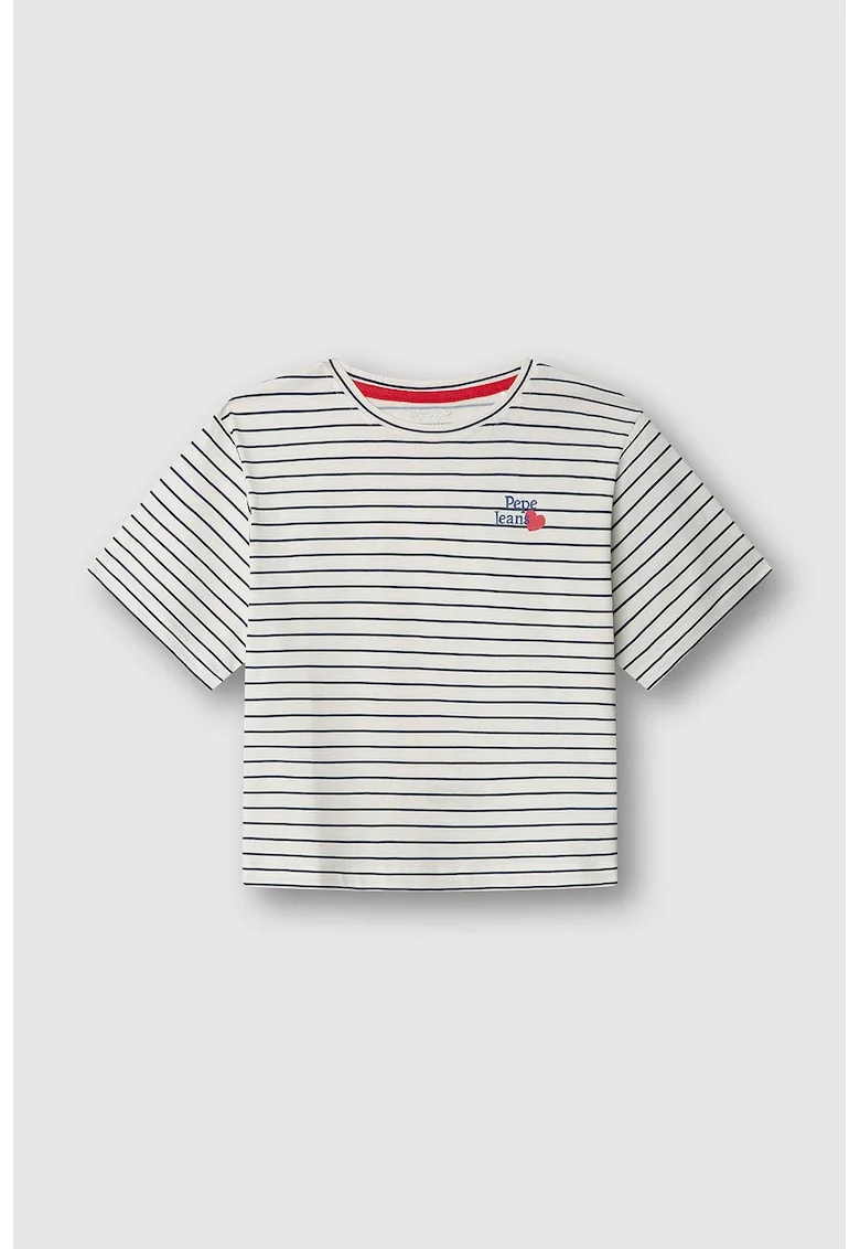 Tricou cu decolteu la baza gatului si dungi, Albastru inchis/Coral/Alb murdar/Bleumarin